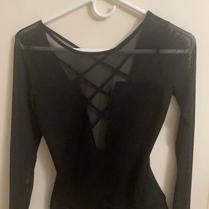 Black Mesh Plunge Cut Out Bodysuit